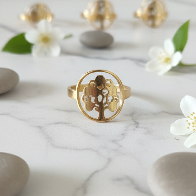 Bague Arbre de Vie Dorée – Acier Inoxydable Waterproof