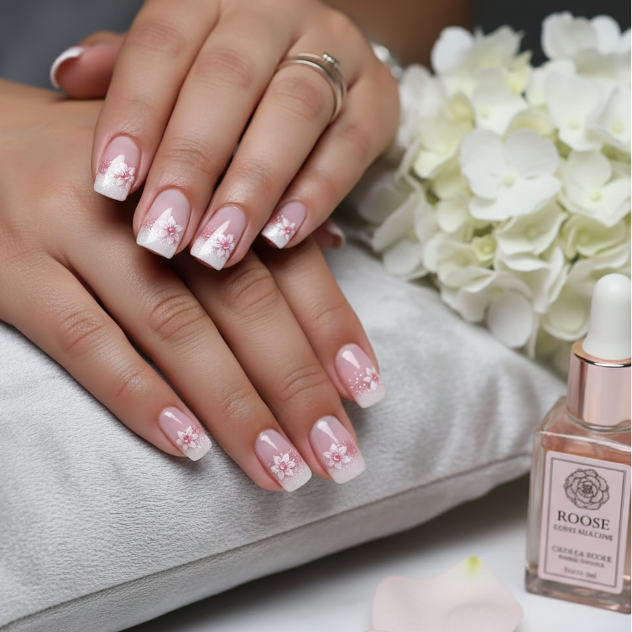 Faux Ongles Blossom French – Rose & Fleurs Blanches