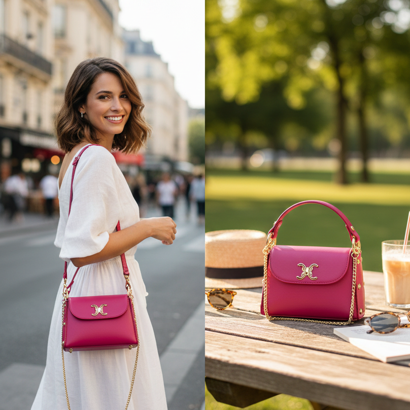 Mini sac à chaîne dorée en cuir italien – Rose Élégance