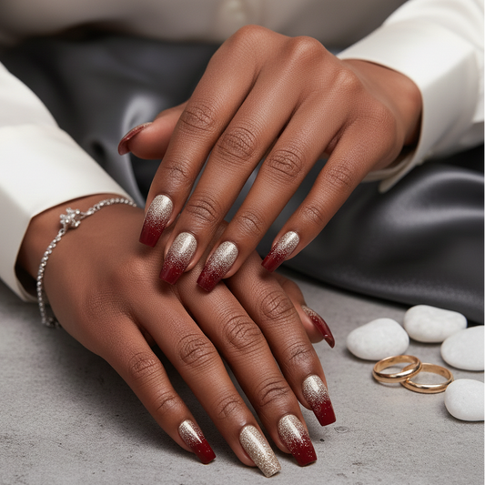 Faux Ongles Bordeaux Glam – Effet Doré Dégradé