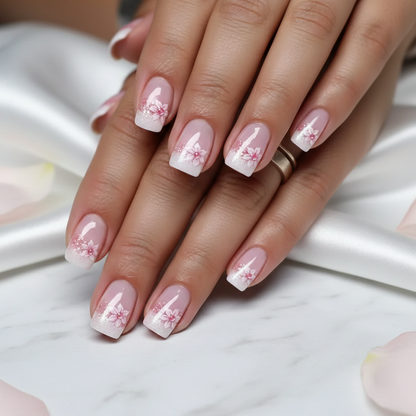 Faux Ongles Blossom French – Rose & Fleurs Blanches