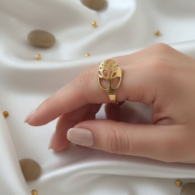 Bague Arbre de Vie Élégance Dorée – Acier Inoxydable Waterproof