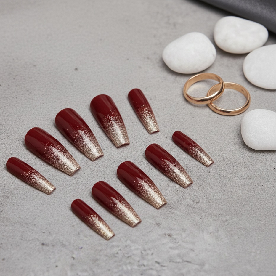 Faux Ongles Bordeaux Glam – Effet Doré Dégradé