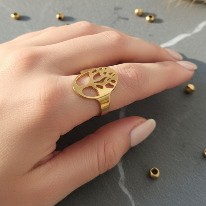 Bague Arbre de Vie Élégance Dorée – Acier Inoxydable Waterproof