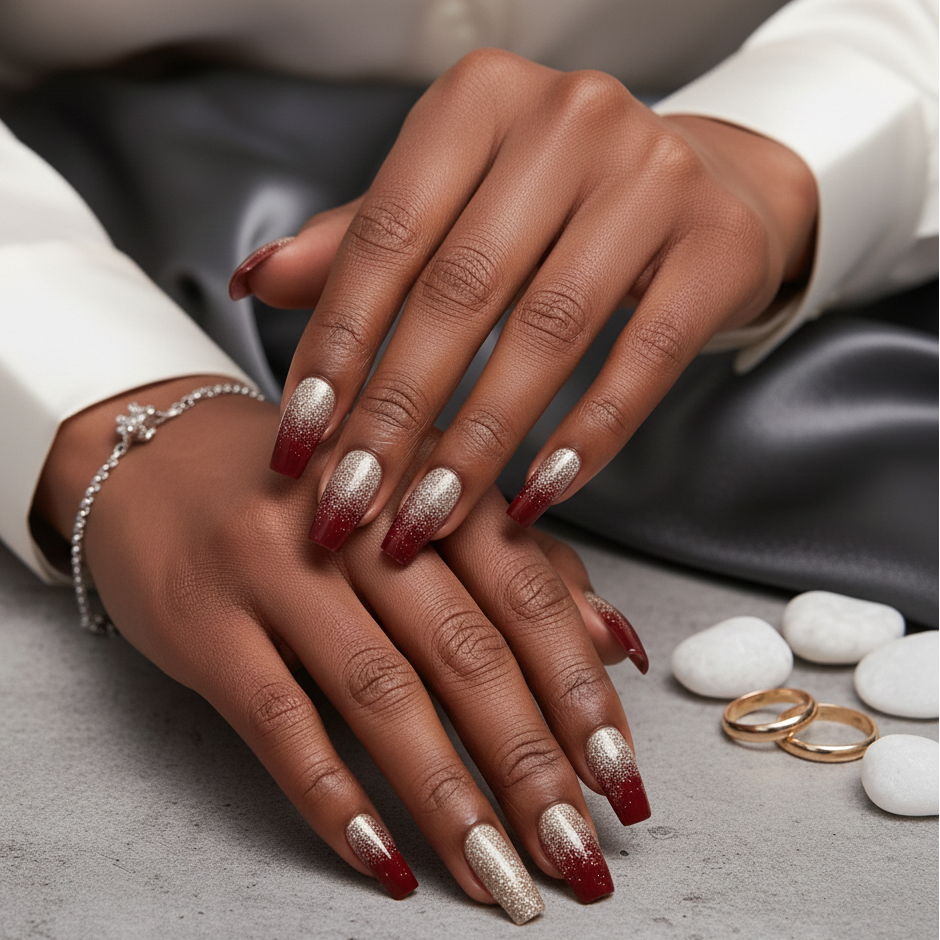 Faux Ongles Bordeaux Glam – Effet Doré Dégradé
